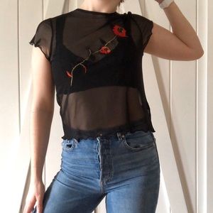 SHEER BLACK BLOUSE WITH ROSE